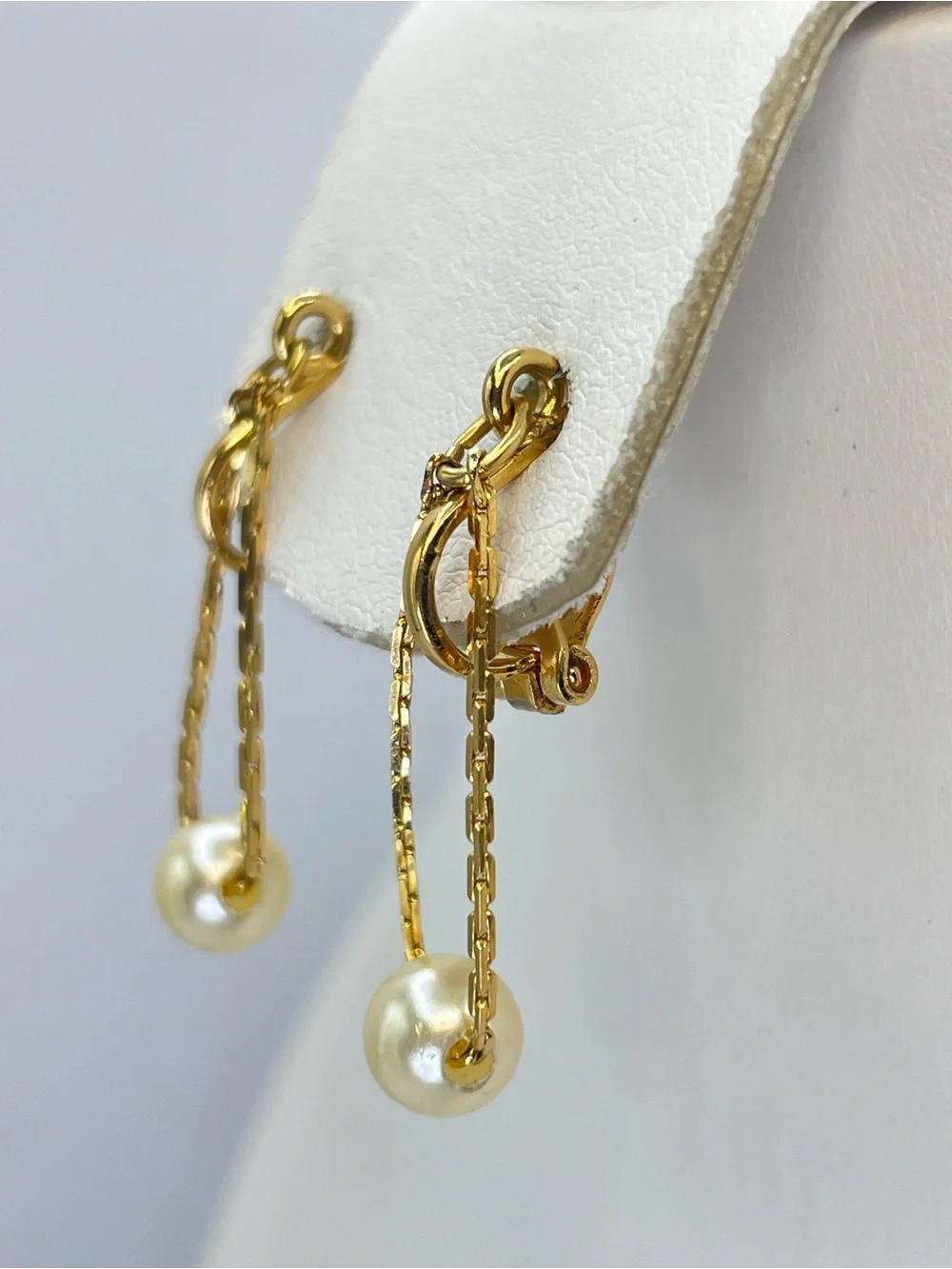 Napier Gold Tone Faux Pearl Dangle Clip On Earrings Vintage Classic